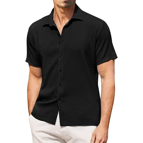 Baqcunre Mens Shirts Mens Spring And Summer Fashion Casual Bubble Button Lapel Shirt Shirt Short Sleeve T Shirt Linen Shirts For Men Tops For Men Black L