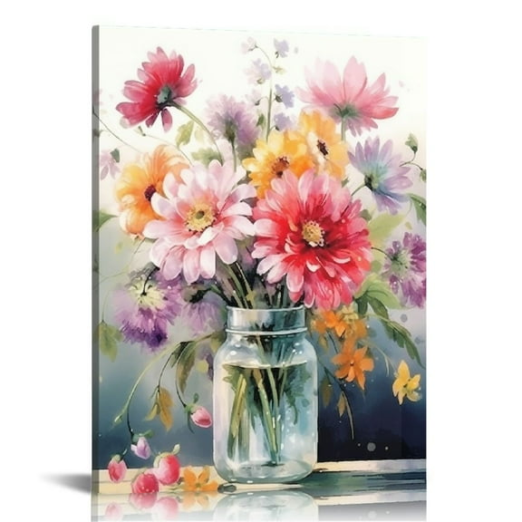 Creowell  Framed Wildflower Botanical Canvas Wall Art, Spring Colorful Pink Yellow Bottle Flower Posters, Farmhouse Nature Watercolor Botanical Floral Prints Bedroom Decor 16x20 in/12x16 in