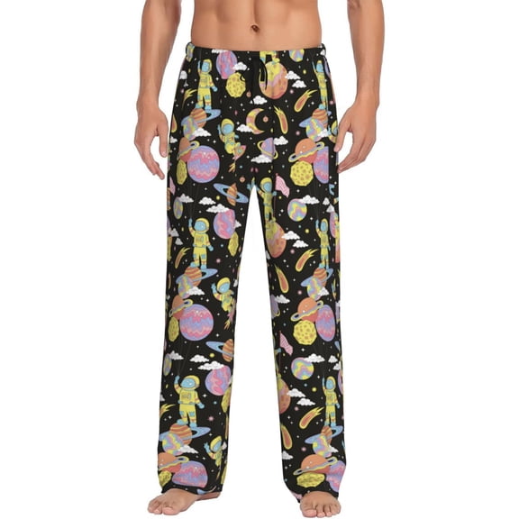 Gukieu Cartoon Astronaut In Spacesuit Print Men's Home Trousers, Elastic Drawstring Home Pajamas Clothing Suitable for Adult Men-Small