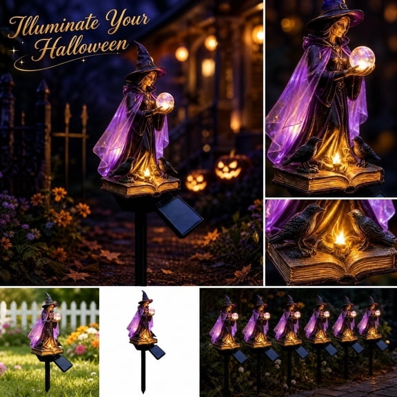 Enchanted Witch Solar Garden Light, Resin Art Outdoor Halloween Yard Decor, Halloween Outdoor Garden Stake Decoration for Yard and Gardens, Patio, Porch, Pathway
