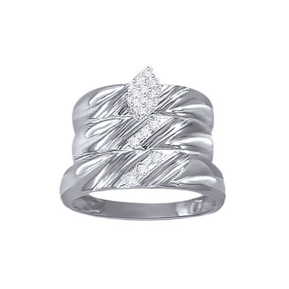 AFFY White Natural Diamond Wedding & Engagement Trio Band Ring Set In 10k White Gold (0.2 Cttw)