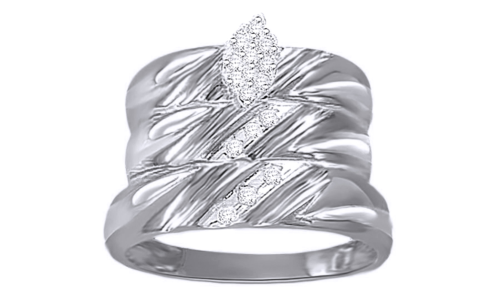 AFFY White Natural Diamond Wedding & Engagement Trio Band Ring Set In 10k White Gold (0.2 Cttw)