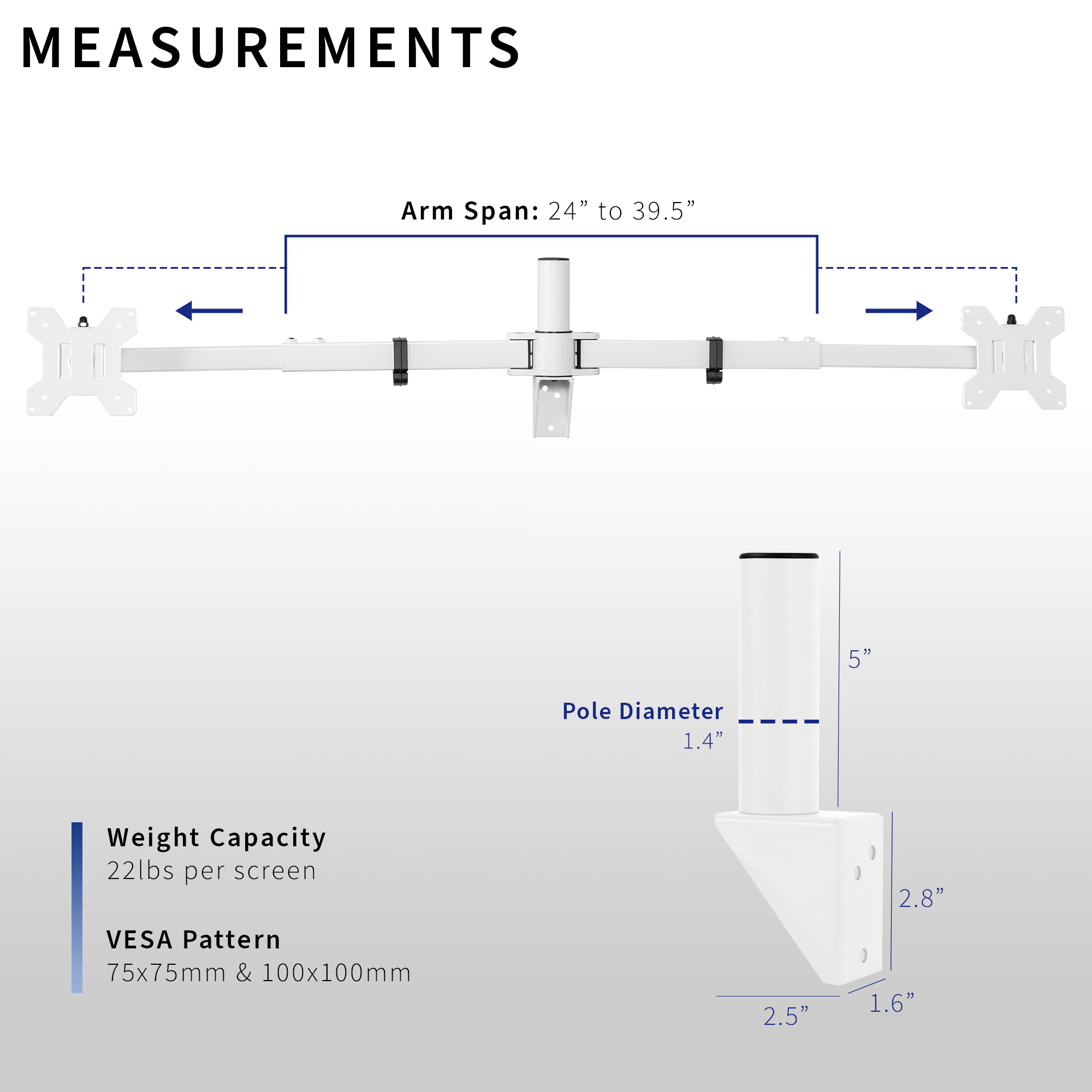 VIVO White Telescoping Flush Wall Mount for Dual 27"- 38" Ultra Wide Monitors