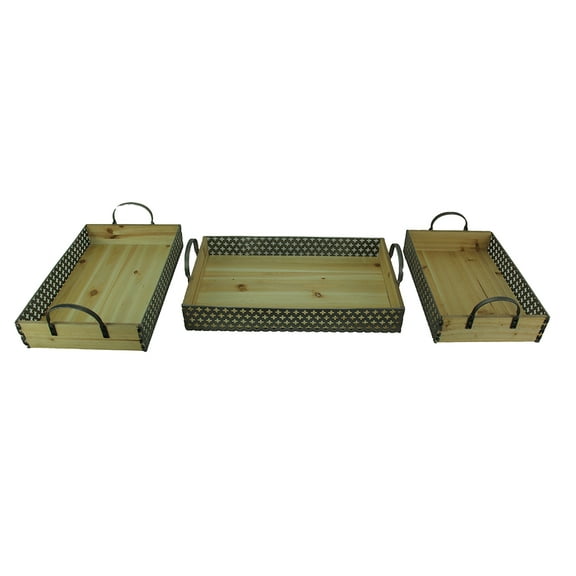 Homeview Design Set of 3 Rustic Metal And Wood Decorative Trays