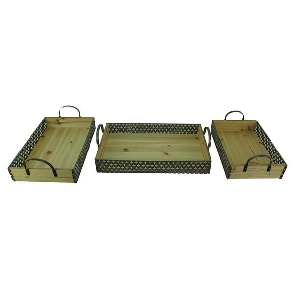 Set of 3 Rustic Metal And Wood Decorative Trays