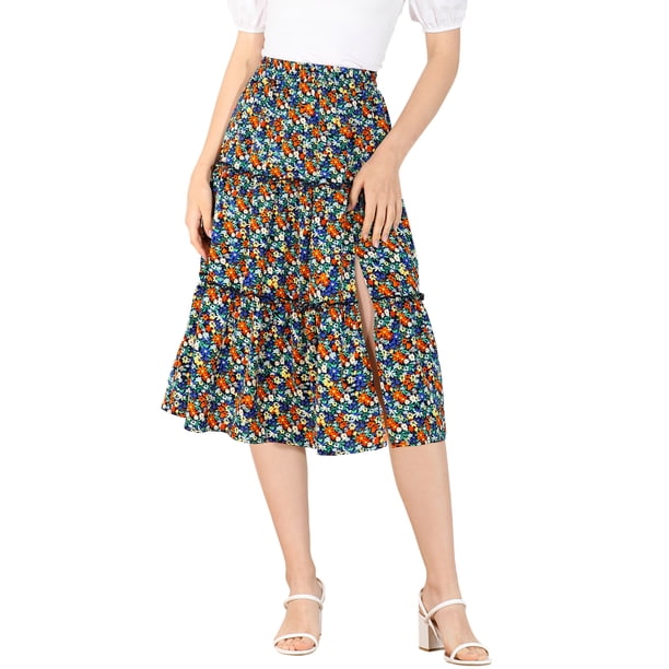 Falda Midi Con Volantes Divididos En Niveles Estampado Floral Cintura Elástica Para Mujer Negro XS