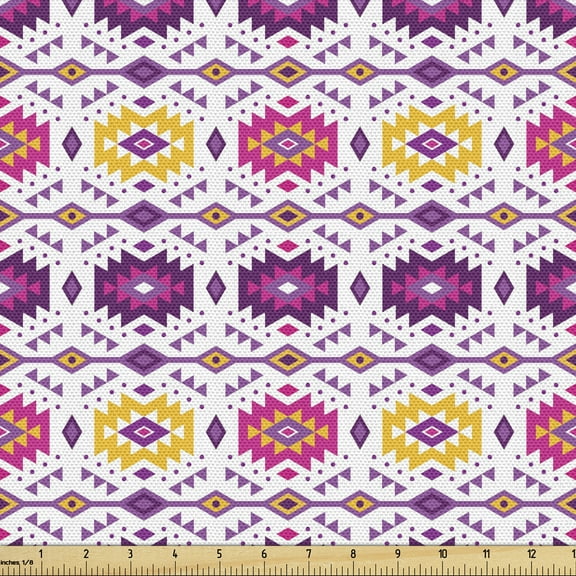 Ambesonne Guatemalan Fabric by the Yard Upholstery, Tribal Ornament Vintage, 10 Yards, Purple Yellow White