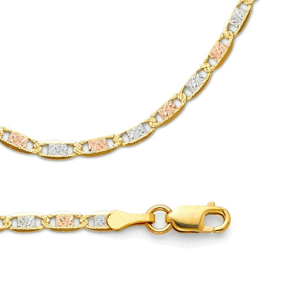 Solid 14k Yellow White Rose Gold Chain Valentino Necklace Diamond Cut Link Tri Color 2.6 mm 16 inch