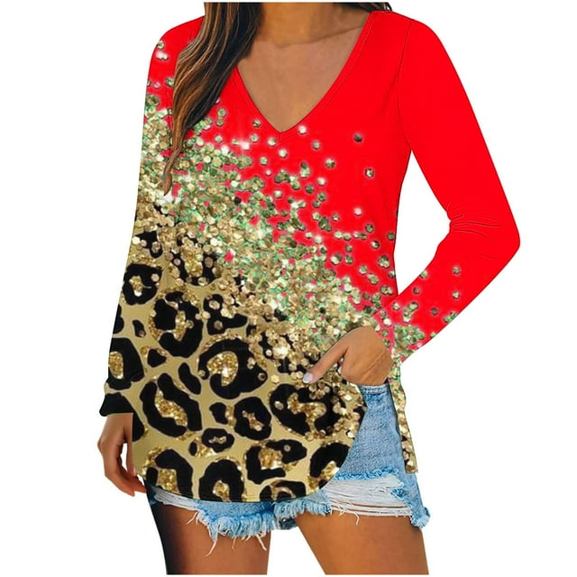Pompotops Blouse Décontractée à Col en V Imprimé Floral Manches Longues T-Shirts Tuniques en Solde