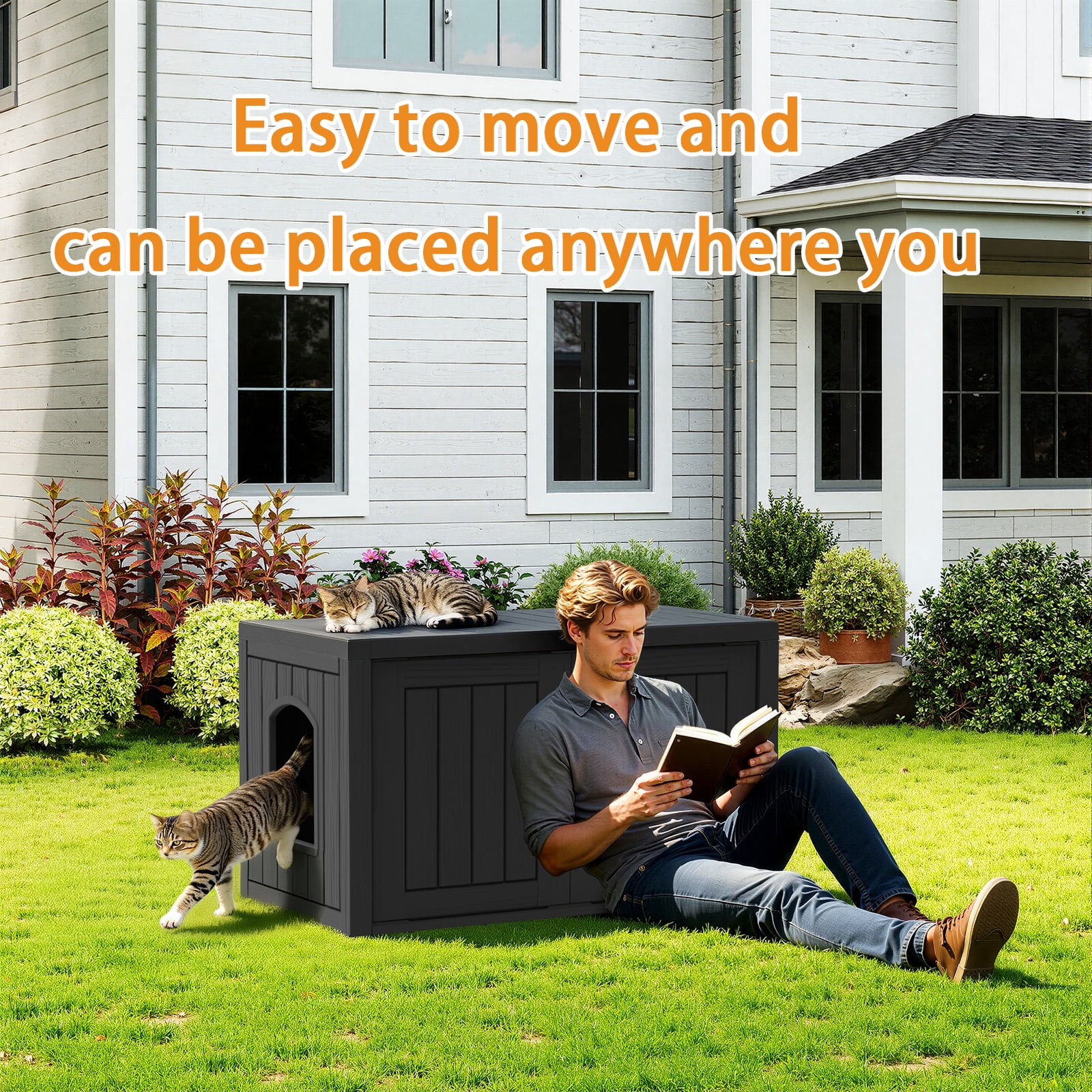 EASY UP resin cat house weatherproof scratch-resistant outdoor and indoor cat litter rooms stray cats pet supplies storage(black)