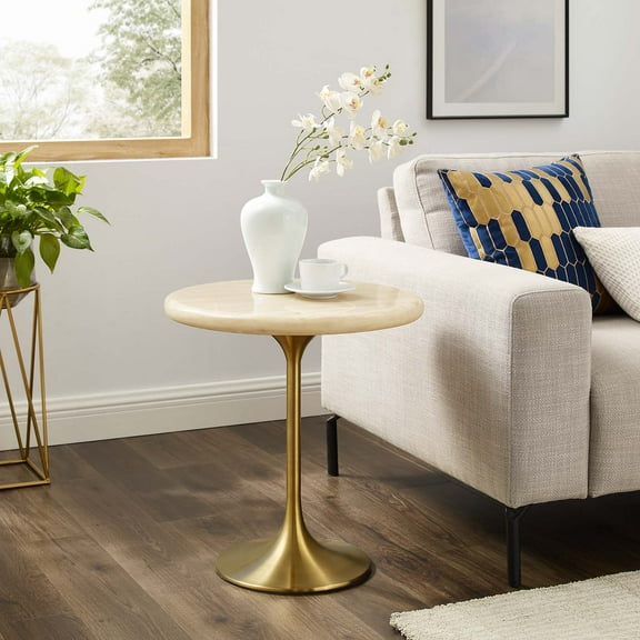 Modway Lippa 20" Round Artificial Travertine Stone Side Table in Brown/Gold