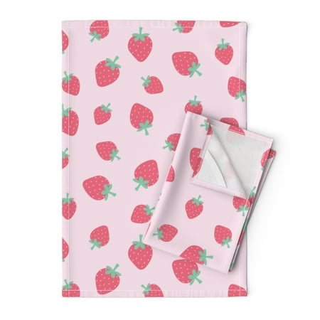 

Printed Tea Towel Linen Cotton Canvas - Pink Cute Red Fruit kawaii summer Strawberry Festival sweet Print Decorative Kitchen Towel by Spoonflower