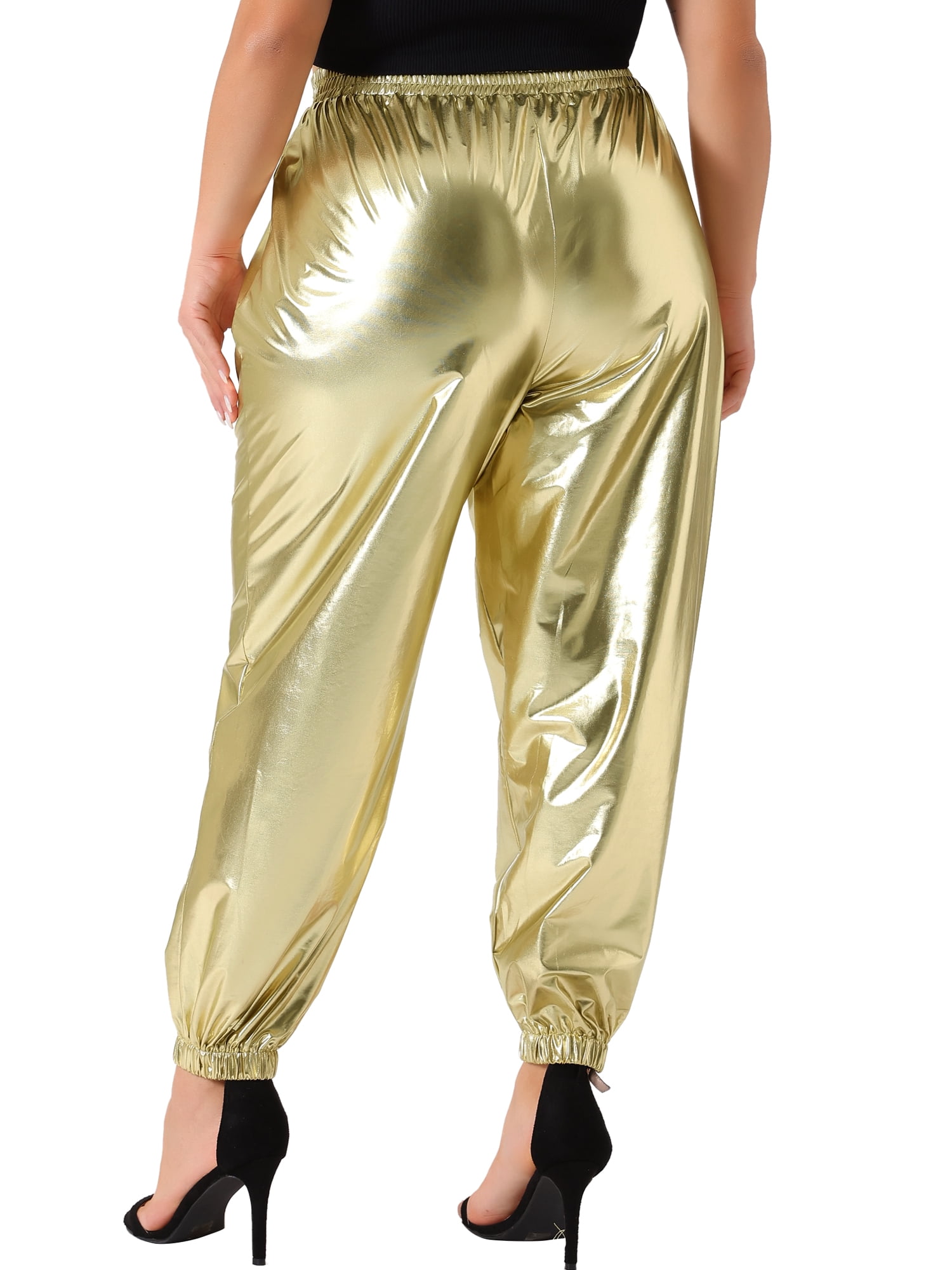 DARING DIVA Women's Plus Jogger Pants Metallic Shiny Stretchy Trousers 4X Gold