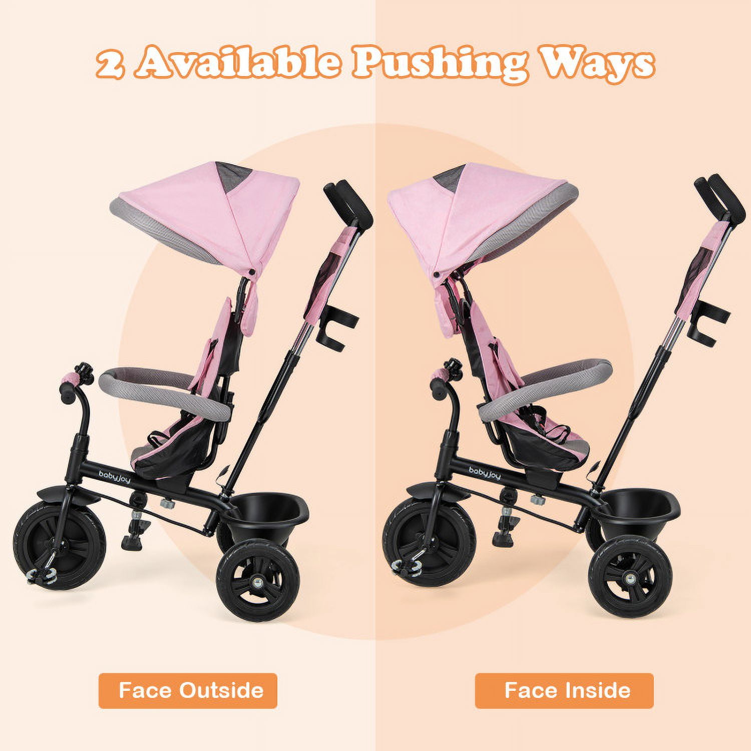 Yardi Yard 4-in-1 Baby Trike Kids Tricycle with Removable Canopy and Adjustable Push Handle-Pink, Toddler Stroller for Infant & Toddler