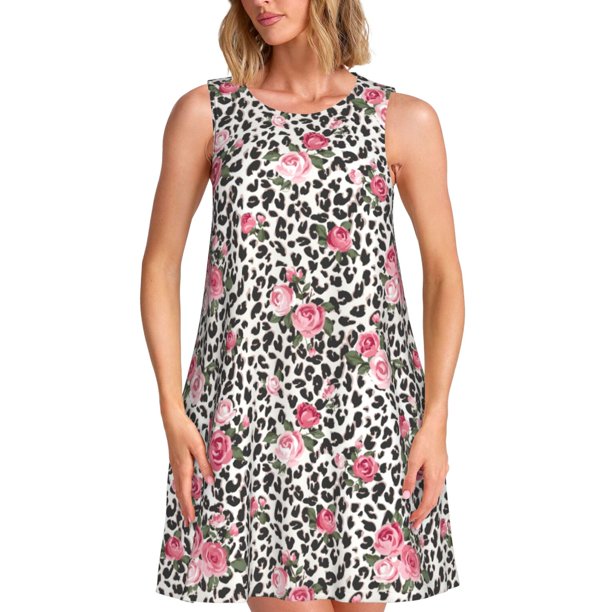 Easygdp Rose Mix Leopard 3 para Vestido Transpirable de Mujer, Vestido Suelto de Manga Corta con Pliegues y Bolsillos para el Verano