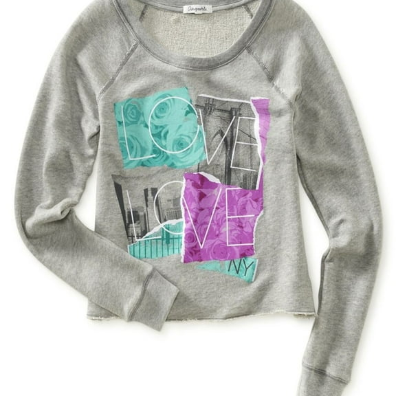 Aeropostale Womens Love Ny Screenprint Cropped Sweatshirt, Grey, Juniors, Large