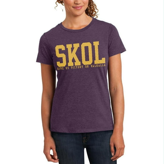 Vikings Skol Give Us Victory or Valhalla Womens Soft Heather T Shirt Heathered Eggplant SM