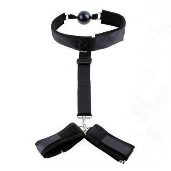 Handcuff with Mouth Ball Nylon Strap Wrist Handcuff Mouth Plug Restraint Tool for Female Adult Couple Black