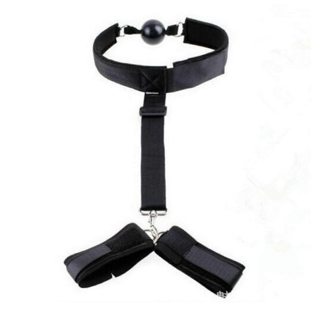Handcuff with Mouth Ball Nylon Strap Wrist Handcuff Mouth Plug Restraint Tool for Female Adult Couple Black
