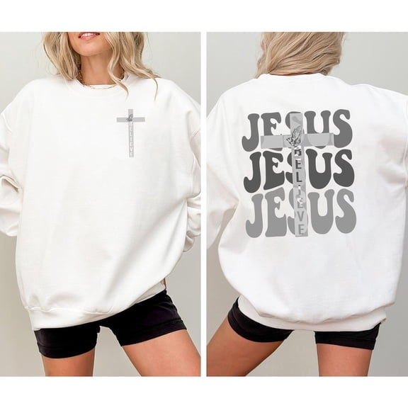 “Believe in Jesus” Christian Sweatshirt – Retro-Style Faith Pullover for Women Who Walk in Truth & Grace