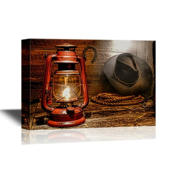 wall26 Retro Style Canvas Wall Art - Vintage Kerosene Lantern Lamp Illuminating American West Rodeo Cowboy Gear - Gallery Wrap Modern Home Art | Ready to Hang - 24x36 inches