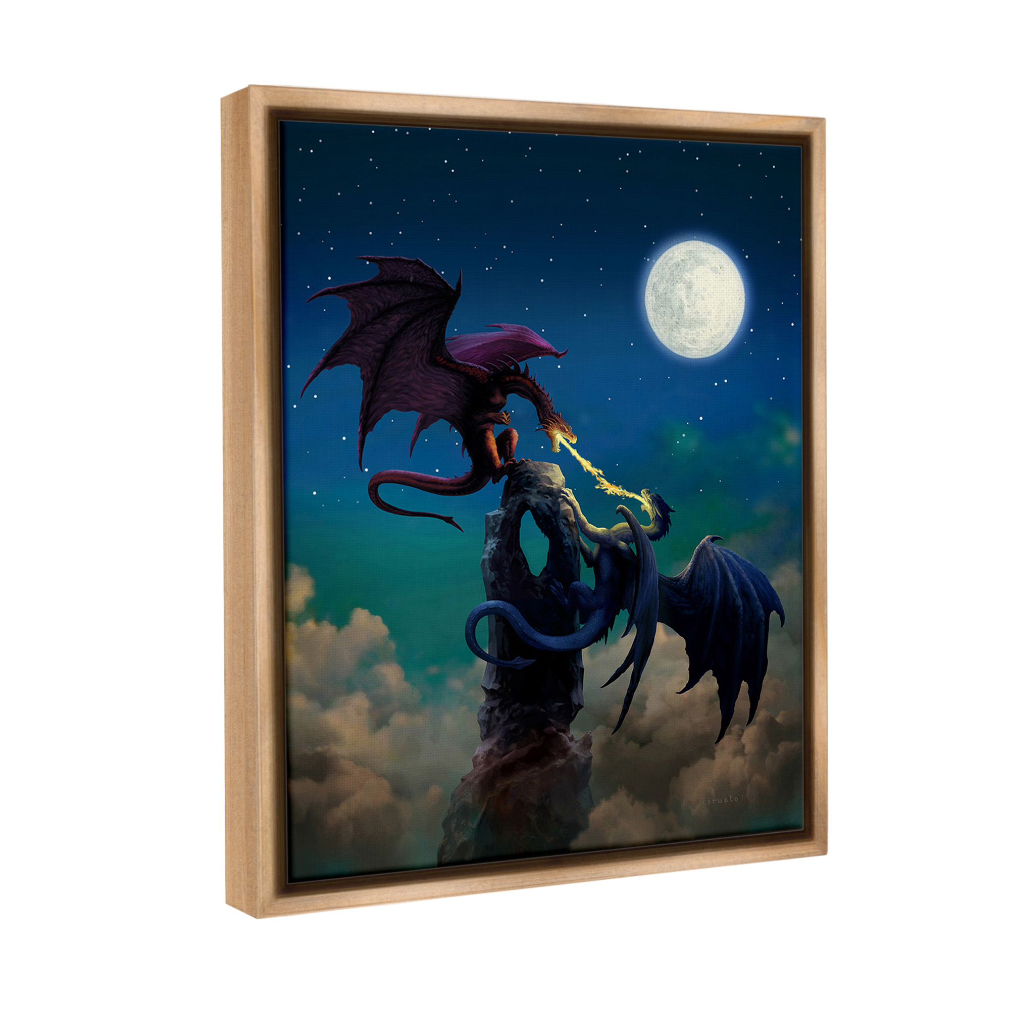 Stupell Industries Battling Dragons at Night Fairy Tales & Fantasy Painting Brown Floater Framed Canvas Art Print Wall Art, 17 x 21