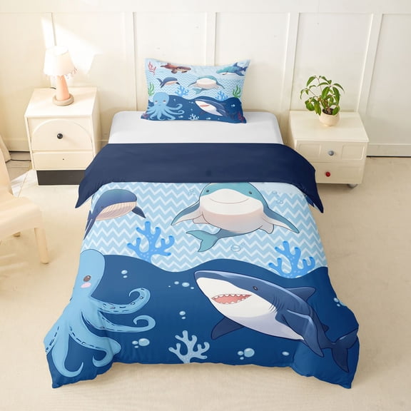 Erosebridal Marine Shark Twin Bedding for Kids, Blue Octopus Coral Duvet Cover Set, 2 Pieces, No Comforter