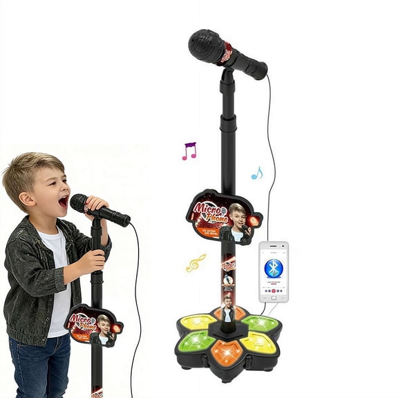 Adjustable Karaoke Microphone with Stand, All in One Microphone Toy with Music & Light-Interactive Singing & Home Entertainment