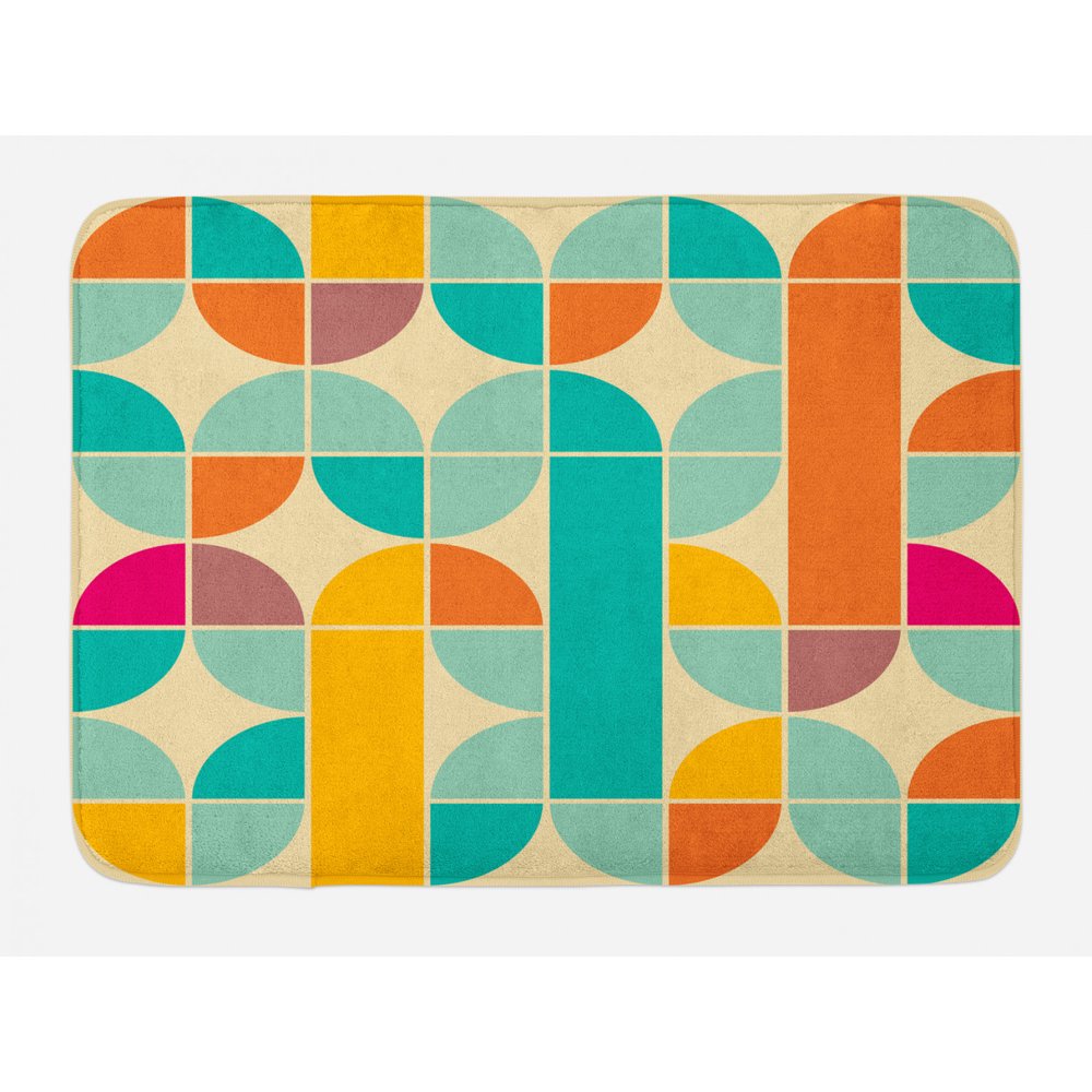 Retro Bath Mat, Pop Art Funky Unusual Geometric Forms Mosaic Style Old