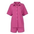 thumbnail image 3 of Women's Cotton Linen 2 Piece Outfit Elegant Casual Solid Color Soft Tracksuits Loose Clothes for Ladies Short Sleeve High Waisted Shorts Set Button Down Shirt Hot Pink XL, 3 of 5