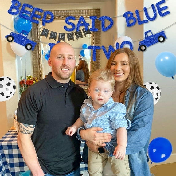 Little Blue Truck 2nd Birthday Party Decoration, Little Blue Truck Birthday Party Supplies with Beep Said Blue I'm Two Glitter Banner and Blue White Latex Balloon Arch for Boy Girl 2nd Birthday Party