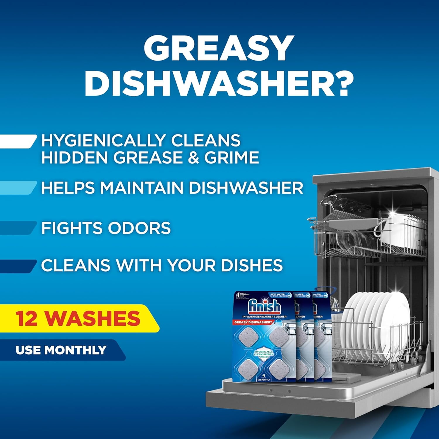 Dishwasher Cleaner Tablets, Deep Cleans Hidden Grease & Grime, Fights Odors, No Extra Wash Cycle, Helps Maintain Dishwasher, 12 Month Supply, Count