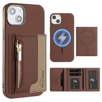 Dteck Magnetic Case for iPhone 15, 2 in 1 Wallet Case Detachable Card Holder, Compatible with MagSafe, Slim PU Leather RFID Blocking Credit Slots Zipper Pocket,Brown