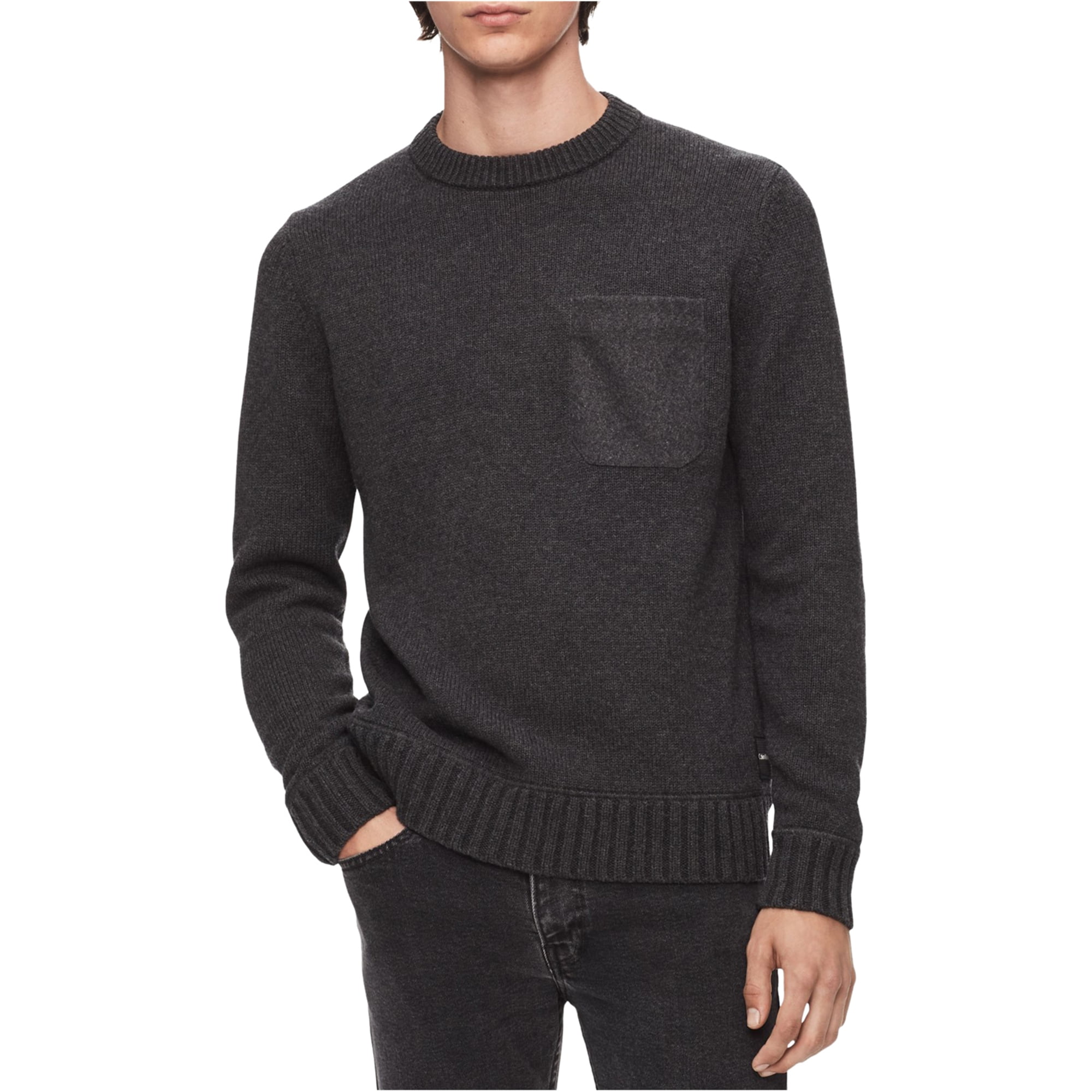 Calvin Klein Mens Felt-Pocket Knit Sweater, Grey, Small 