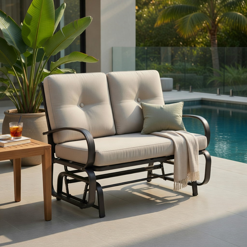Hommoo Outdoor Rocking Bench Loveseat with Cushions, Steel Patio Bench for Deck, Backyard & Poolside, Seat & Back Cushions, Beige