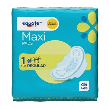 Equate Maxi Pads with Wings, Unscented, Regular, Size 1, (45 Count)