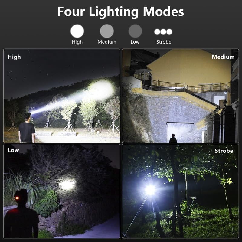 LED Rechargeable Headlamps, 90000 Lumen Super Bright Headlamp Flashlight 90°Adjustable 4 Modes IPX5 Waterproof USB Rechargeable Head Lamp for Camping Running Hunting Cycling Climbing Hiking