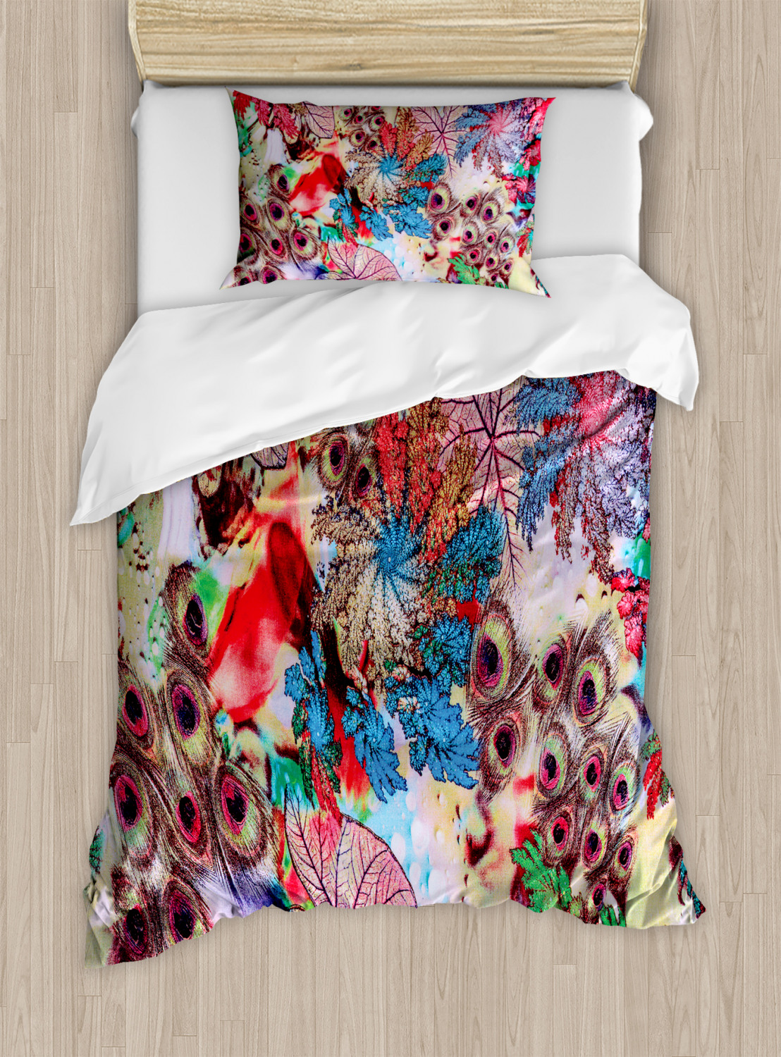 Peacock Duvet Cover Set Twin Size, Colorful Floral Artwork with Peacock