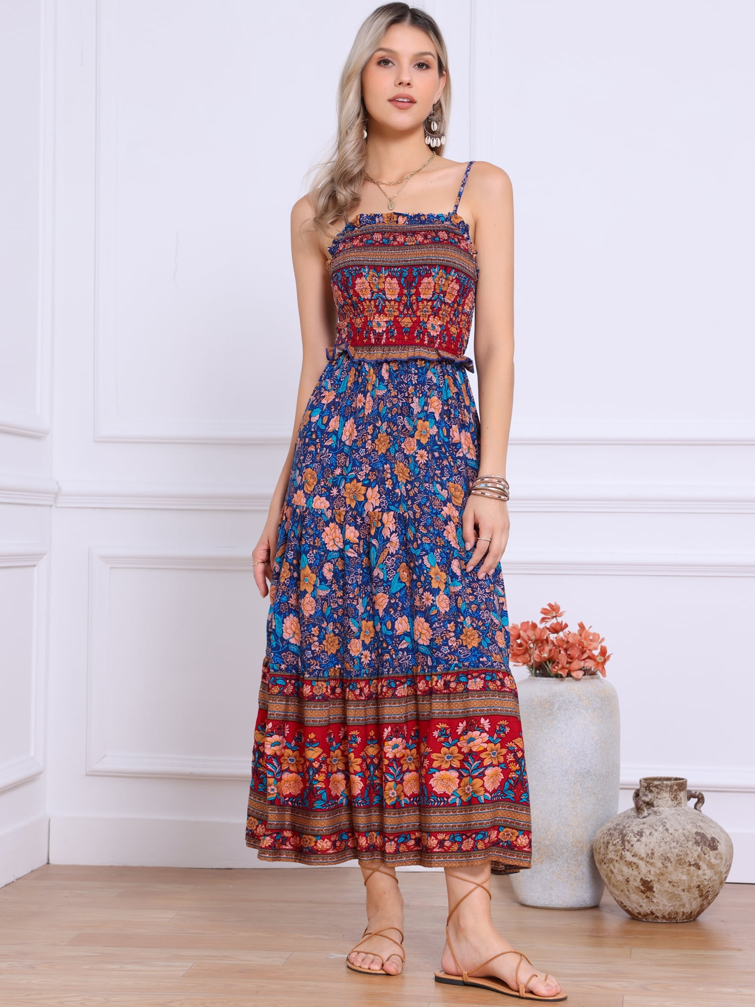 DARING DIVA Women's Boho Floral Spaghetti Strap A Line Maxi Dresses L Red Blue