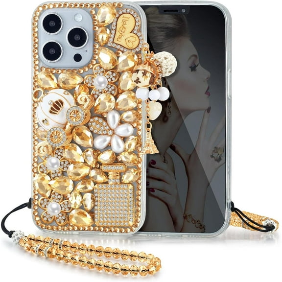 for iPhone 14 Pro Bling Case,3D Cute Diamond Glitter Sparkle Crystal Rhinestone Women Girls Pumpkin Car Love Pendant Clear Bumper Protective Cover for iPhone 14 Pro 6.1 inch,Gold