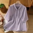 thumbnail image 2 of Women's Cotton Linen Tops Short Sleeve Embroidery Button down Shirts Loose Fit Blouses Lightweight Clothes (XL, Purple 1), 2 of 5