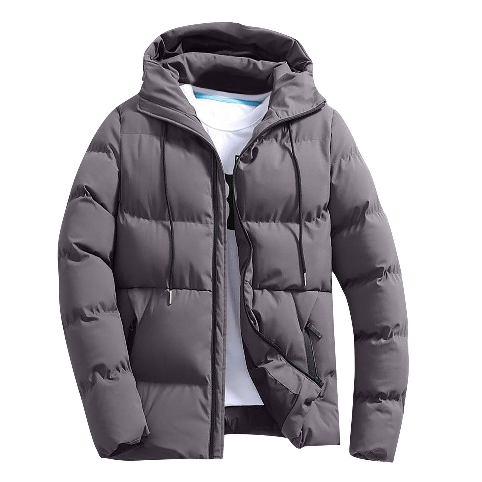 BiZtdJrK Men's Big and Tall Warm Coats Full Zip Long Sleeve Qulited Puffer Jacket Drawstring Hooded Winter Jackets with Pockets Gray XXL