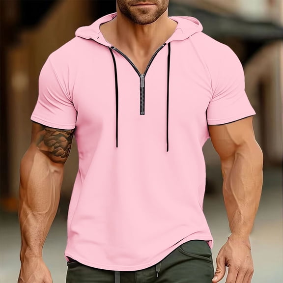 Mens Short Sleeve Hoodies T-Shirts Half Zipper Sweatshirts Athletic Solid Lightweight Hooded Pullover Tee Tops XL
