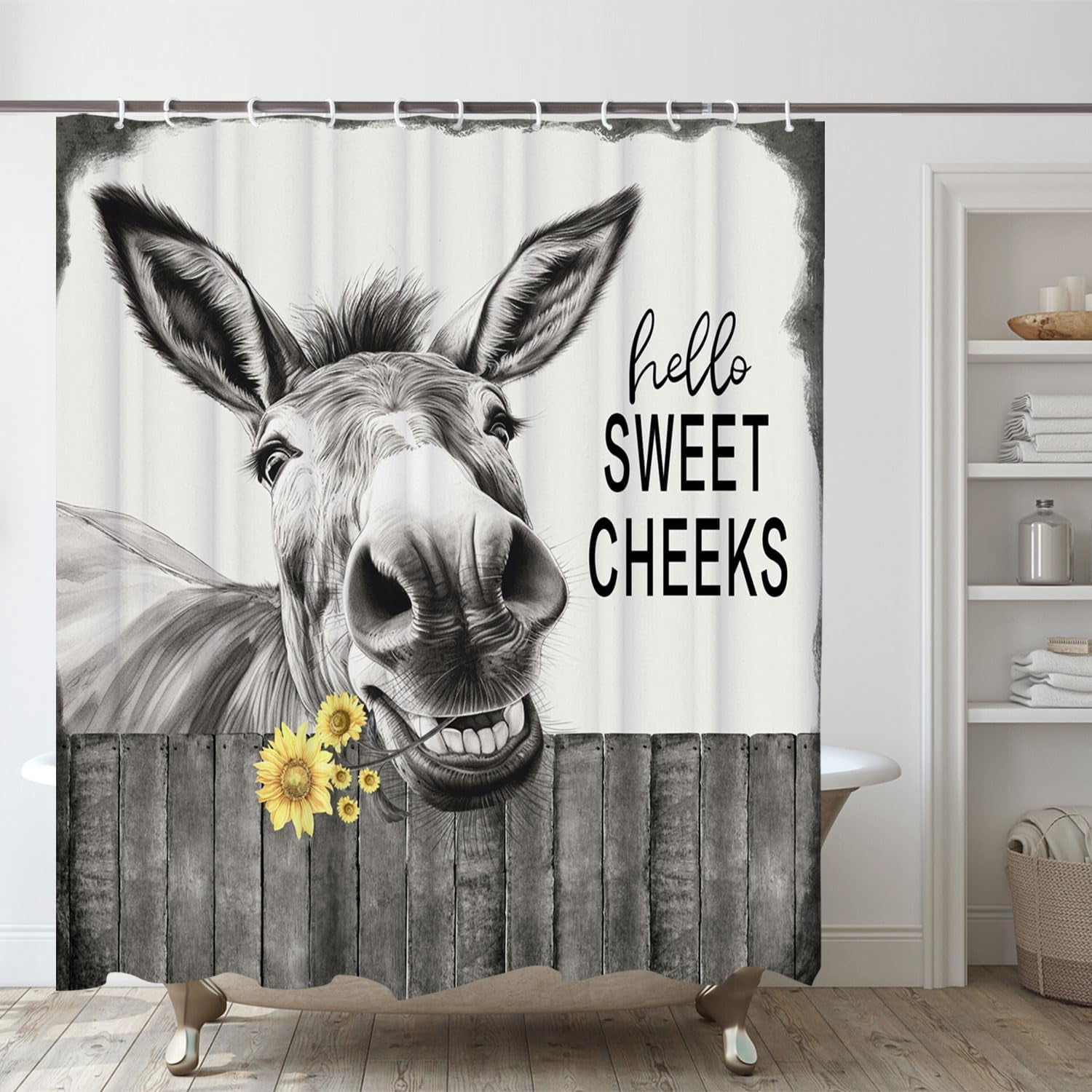 Funny Donkey Shower Curtain, Black and White Farmhouse Farm Animal 72x84 Shower Curtain Set, Gray Hello Sweet Cheeks Rustic Bathroom Decor Curtain with Shower Hooks