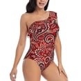 thumbnail image 3 of Uemuo Vintage Red Paisley Print Women's One Piece Swimsuit Asymmetrical Neck Bathing Suit One Shoulder Side Cutout Ruffle Swimwear-X-Large, 3 of 6