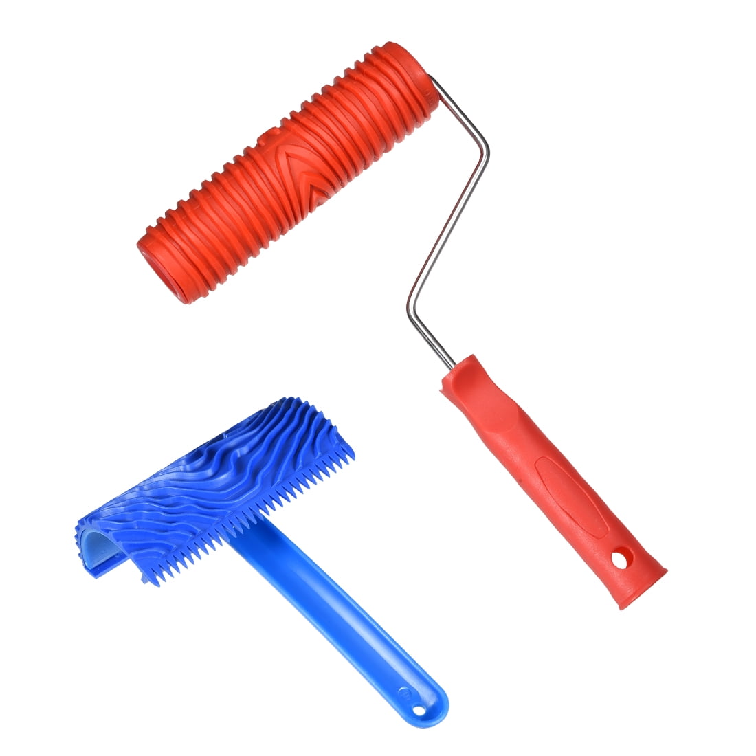 Uxcell 7 inch + 4 inch Empaistic Wooden Grain Painting Rubber Roller with Handle 1 Set