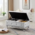 thumbnail image 3 of Storage Ottoman Bench, PU Leather Upholstered Storage Bench with Button, Luxury Button Tufted Bench with Metal Leg and Safety Hinge, Flip Top Footrest Bench for Bedroom Entryway Living Room, Silver, 3 of 10