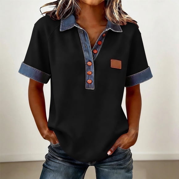 TaTaai 2026 Spring Women’s Denim Stitch Sweatshirt Lapel Collar Short Sleeve Loose Blouse Casual Solid Color Fashion Button Pullover Polyester Top Gift