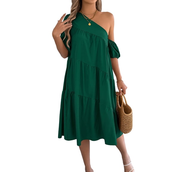 Women'S Boho One Shoulder Short Sleeve Smocked Ruffle Swing Midi Dress Green XL