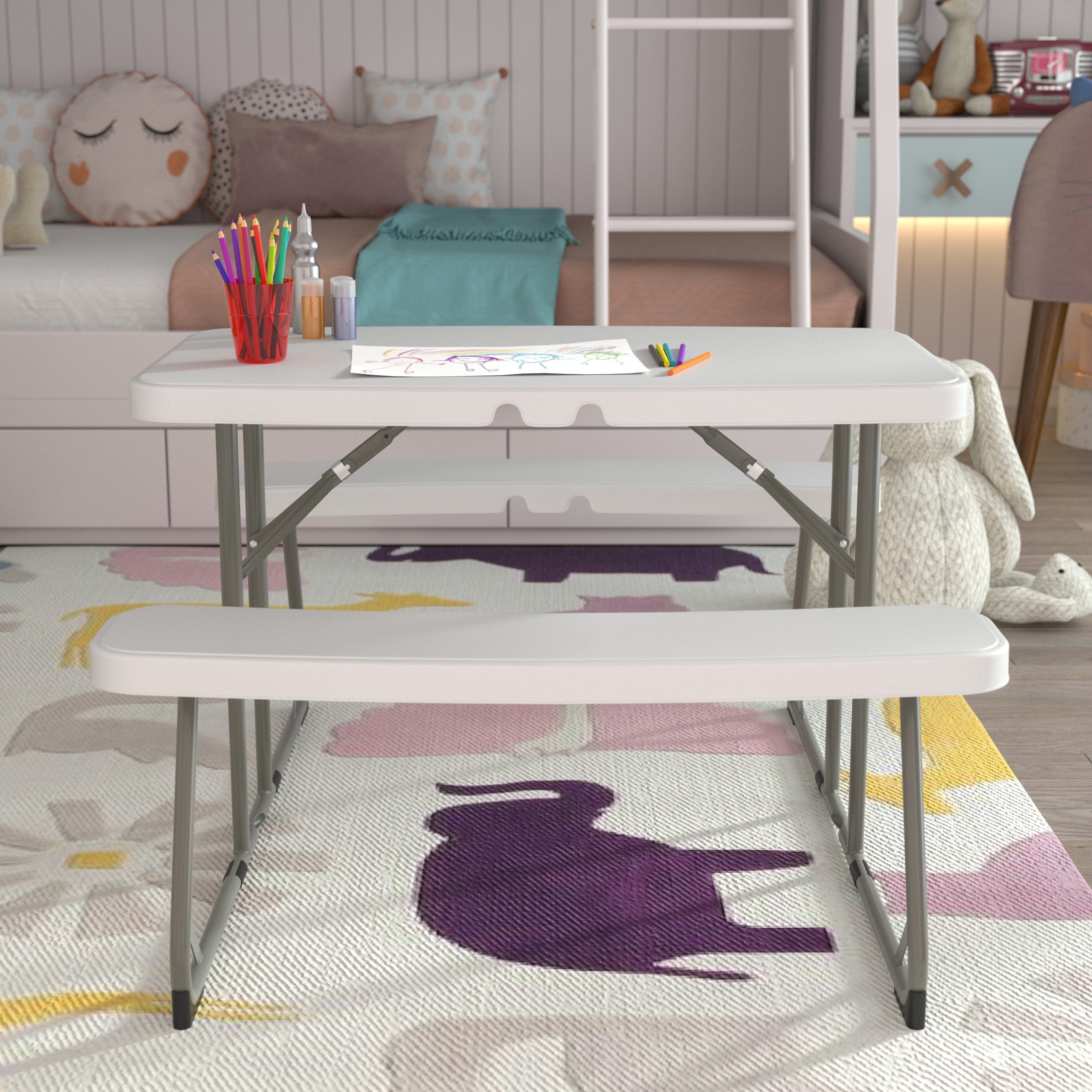 Emma + Oliver 4.93-Foot Kid's Granite White Plastic Folding Activity Table - Play Table